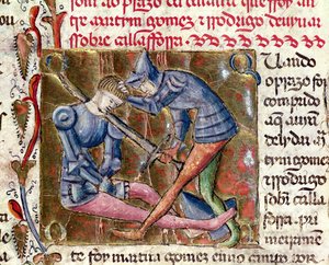 Batalla entre Martín Gómez y El Cid (c.1043-99) de Crónicas de España, 1344 de Portuguese School