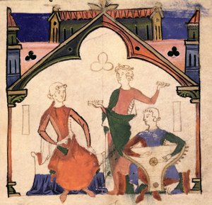 Músicos tocando castañuelas y un salterio, del Chansonnier des Nobles de Portuguese School