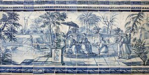 Degustación de frutas cerca de un lago en Asia - Azulejos, loza pintada