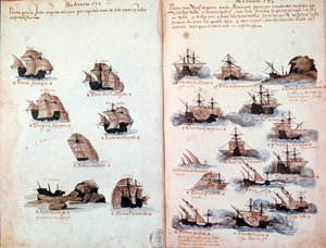 Página de manuscrito “Memoriales de las armadas de Portugal bajo el rey Manuel I (1469-1521)” representando las flotas portuguesas. 1523