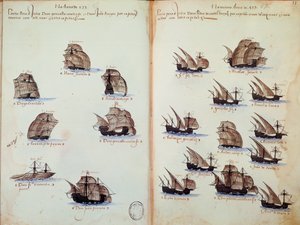 Página de manuscrito Memoriales de las armadas de Portugal bajo el rey Manuel I representando las flotas portuguesas
