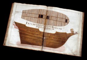 Arquitectura naval: página del tratado arquitectónico (Livro de Tracas de Carpintaria) de Manuel Fernandez: corte de un barco de Portuguese School