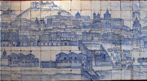 Vista panorámica de Lisboa, antes del terremoto de 1755 - Azulejos principios del siglo XVIII, panel de advertencia del antiguo palacio de los Condes de Tentúgal, Lisboa
