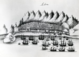 Asalto portugués a Adén, ilustración de Leyendas de la India por Gaspar Correia, c.1858 de Portuguese School