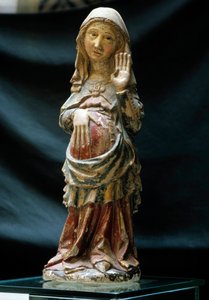 Arte portugués: representación de la Virgen embarazada con una mano en el vientre de Portuguese School
