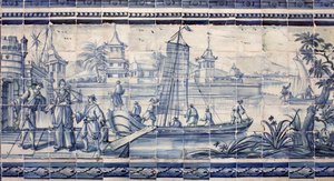 Escena en la orilla de un río en Asia - Azulejos, loza pintada