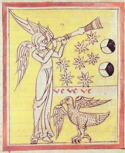 El ángel tocando la trompeta, las siete estrellas y el águila de San Juan Evangelista, del Apocalipsis de San Juan de Lorvao de Portuguese School