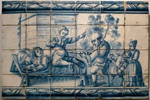 El doctor haciendo una enema a un paciente - Panel satírico de Lisboa, primera mitad del siglo XVIII - Museo Nacional de Azulejos, Lisboa (Portugal)