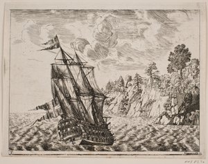 Buque de guerra danés en la costa rocosa de Poul Isac Grønvold