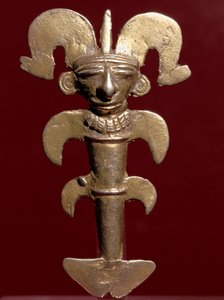 Arte precolombino, civilización quimbaya (Colombia): colgante antropomorfo en oro. 400-1400 d.C. Bogotá, Museo del Oro, Colombia de Pre Columbian Pre Columbian