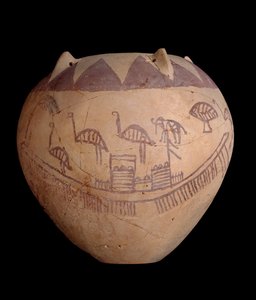 Jarra de arcilla cocida con decoración pintada, incluyendo barcos y animales, c.3400-3300 a.C.