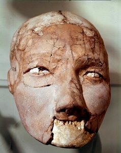 Arte neolítico: cráneo humano que data de la Edad de Piedra (6000-4000 a.C.). De Jericó, Museo Arqueológico, Amán, Jordania de Prehistoric Prehistoric