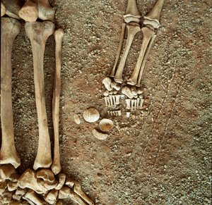 Prehistoria: doble sepultura de adultos y niños. Vista detallada del ajuar funerario