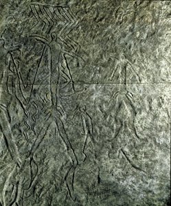 Prehistoria, arte rupestre: petroglifo (graffiti en piedra) de figuras humanas. Neolítico, Edad de Piedra. (Azerbaiyán) Edad de Bronce. Bakú, Museo Estatal de Historia de la Religión de Azerbaiyán de Prehistoric Prehistoric