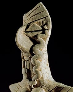 Prehistoria: cabeza de mujer. Estatuilla de arcilla del centro de Turkmenistán (región de Gonur Tepe). 3000-2500 a.C., Edad de Bronce de Prehistoric Prehistoric