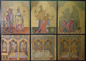 Reconstrucción de una pintura mural originalmente en la Capilla de San Esteban que representa en la fila inferior I-D: Thomas Woodstock (1355-97), Edmund Langley, Juan de Gante (1340-99), Lionel (1338-68), Eduardo, El Príncipe Negro (1330-76) y San Jorge. de Professor Ernest Tristram