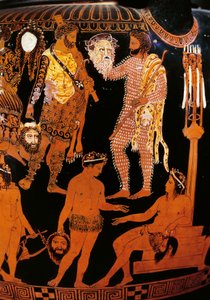 Vaso de Pronomos, crátera con figuras rojas (detalle)