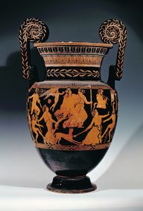 Voluta-crátera de figuras rojas áticas, decorada con una escena de actores y músicos preparándose para una actuación, griega, de Ruvo, siglo V a.C. de Pronomos Painter