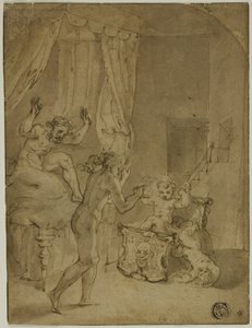 El infante Hércules estrangulando serpientes en su cuna; Mujer coronada arrodillada en el paisaje y otros bocetos (verso) de Prospero Fontana