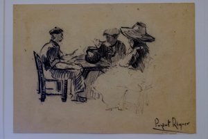 Figuras sentadas, Narcís Puget Riquer, dibujo al carboncillo, museo Puget, casa noble de Can LLaudis, Dalt Vila, Ibiza, Islas Baleares, España de Puget Riquer