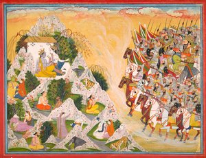 El ejército de Jarasandha avanza hacia Krishna y Balarama, folio de un Mahabharata, ca. 1800-1815 de Purkhu