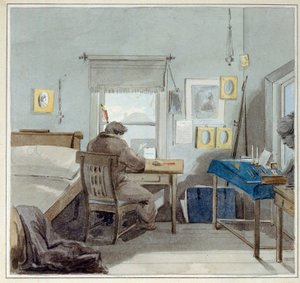 En el trabajo. En la casa de Pavel Nashchokin (1801-?) (Moscú). (En el Trabajo. En la Casa Pavel Nashchokin). Obra de Pyotr (Piotr) Fyodorovich Sokolov (Pierre Sokolov) (1791-1848), acuarela sobre papel