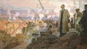 Maxim Gorki (1868-1936) en la construcción de la central hidroeléctrica "DnieproGES de Pyotr Ivanovich Kotov
