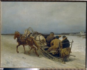Troika en invierno. (Enganche tradicional ruso, tirado por tres caballos). Pintura de Pyotr (Piotr) Petrovich Sokolov (1821-1899), óleo sobre lienzo de Pyotr Petrovich Sokolov