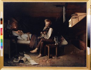 Un violinista loco en el lecho de muerte de su madre. En una miserable habitación del ático, una mujer muerta yace en la cama con las manos unidas al pecho, bajo un crucifijo iluminado por la llama. de Pyotr Sysoyevich Kosolap