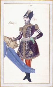 Retrato de Nasir al-Din Shah, mano apoyada en un cañón, c. 1853-4 de Qajar School