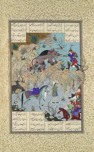 Bahram Chubina mata al León-Mono, Folio 715v del Shahnama Libro de los Reyes..., c1530-35