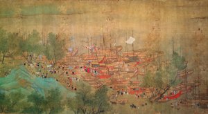 La gira del emperador Kang Shi por Kiang-Han en 1699, después de Chaio Ping Chen (1661-1722) (tinta y color sobre papel con respaldo de seda)