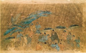 El filósofo chino Confucio (Kong Fu Zi) rodeado de sus discípulos de Qing Dynasty Chinese School