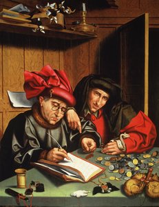 The Money Lenders (óleo sobre panel de roble) de Quentin (attr. to) Massys or Metsys