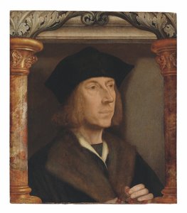Retrato de caballero, busto, con un abrigo forrado de piel, rezando un rosario, en un entorno arquitectónico de Quentin Massys or Metsys