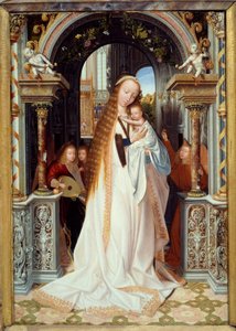 Virgen y niño con tres ángeles (panel central de un tríptico) de Quentin Massys or Metsys