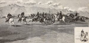 Ejercicios de caballería el 17 de septiembre, con lancero a la derecha, Pordenone, Italia, grabado de Cantagalli de un dibujo de Quinto Cenni, de L