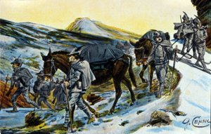 Primera Guerra Mundial: grupo de cazadores alpinos italianos en reconocimiento con sus mulas en 1915. Ilustración de Quinto Cenni (1845-1917) de Quinto Cenni