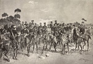 Oficiales de ejércitos extranjeros visitando a soldados italianos en Lombardía, Italia, grabado de un dibujo de Quinto Cenni, de L