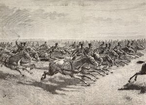 Artillería a caballo del ejército italiano pasando a galope tendido, Lombardía, Italia, grabado de un dibujo de Quinto Cenni, de L
