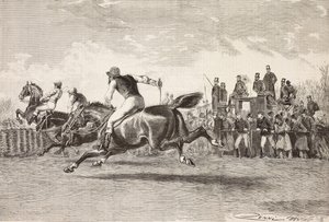Carrera de caballos en el parque de Villa Arconati, Castellazzo, Italia, grabado de un dibujo de Quinto Cenni, de L