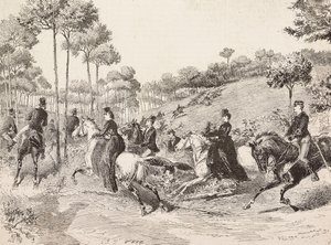 Excursión de caza por la caza milanesa, Italia, grabado de un dibujo de Quinto Cenni, de L