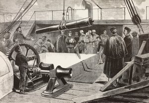 Marineros y oficiales italianos preparando el barco Gottardo, expedición italiana en el Mar Rojo, Palermo, Italia, grabado de un dibujo de Quinto Cenni y un boceto de Dante Paolocci, de L