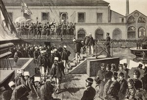 Soldados italianos abordando el barco Washington, Nápoles, Italia, tercera expedición italiana en el Mar Rojo, grabado del dibujo de Quinto Cenni y boceto de M Del Don, de L