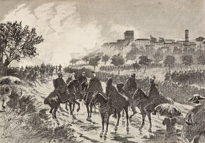 Soldados italianos a caballo moviéndose de Copreno a Cermenate, Italia, grabado de un dibujo de Quinto Cenni, de L