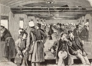 Soldados italianos en tren con destino a Nápoles, Italia, segunda expedición italiana en el Mar Rojo, grabado de un dibujo de Quinto Cenni y un boceto de M Dal Don, de L