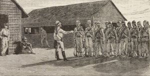 Soldados italianos en formación, Massawa, Eritrea, grabado de un dibujo de Quinto Cenni y un boceto de Pieragostini, de L