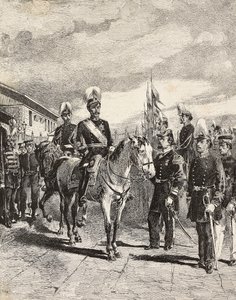 Ejército japonés: Soldados de infantería, Jefes de Estado Mayor, General de división, caballería, Vicealmirante, Capitán de infantería, artillero, Japón, grabado de un dibujo de Quinto Cenni, de L