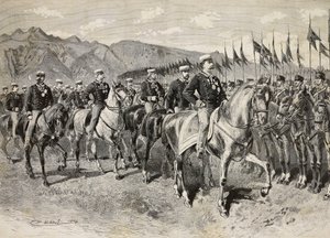 El Rey Umberto I inspeccionando a los lanceros de Florencia, con el General Martin di Montu detrás de él, 28 de septiembre, ejercicios de caballería en Pordenone, Italia, grabado de un dibujo de Quinto Cenni, de L
