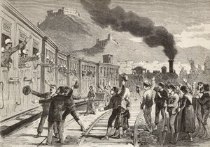 Hombres y mujeres despidiéndose de los soldados italianos que parten de la estación de tren de Cassino, Italia, grabado del dibujo de Quinto Cenni y boceto de M Dal Don, de L